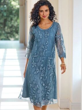 Soft Surroundings | Starlight Silk Dress Embroidered Sheer Sleeves 1X